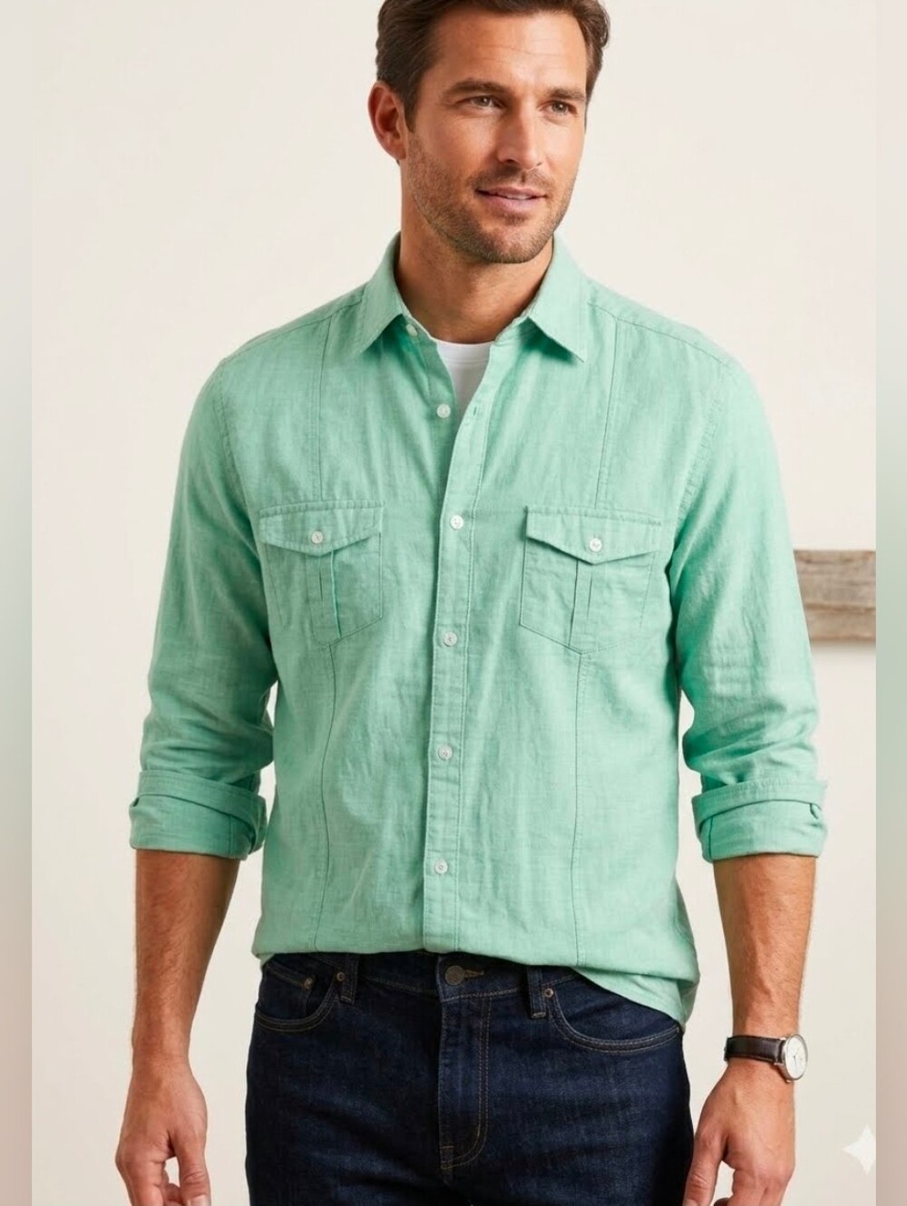 JF J. Ferrar Mint Green Casual Button Down Shirt Medium 100% Cotton Dual Pockets